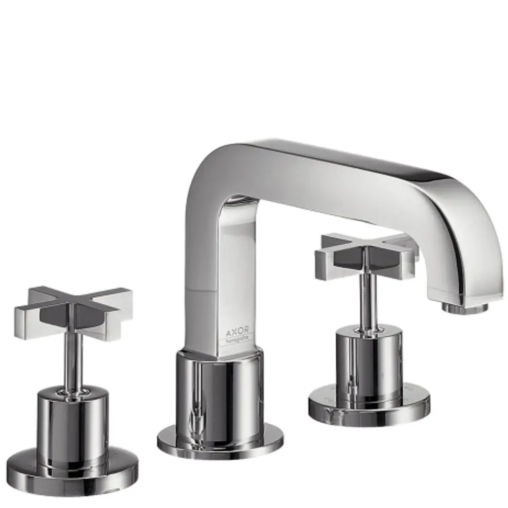 Chromfarbener AXOR-Wannenrandarmatur mit zwei Kreuzgriffen und einem mittleren Wasserhahn, drei separate Komponenten, schlichtes Design.